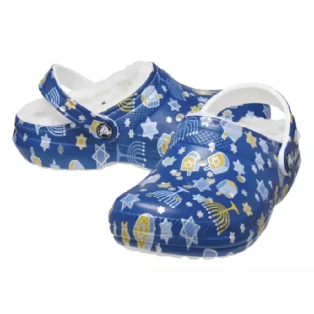 NEW! Crocs Kids’ Classic Lined Hanukkah Clog Blue Candle Print Slip On Shoes